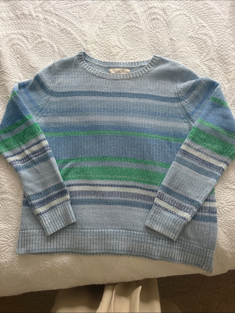 LOFT Light Blue Crewneck Sweater with Green and Navy Stripes